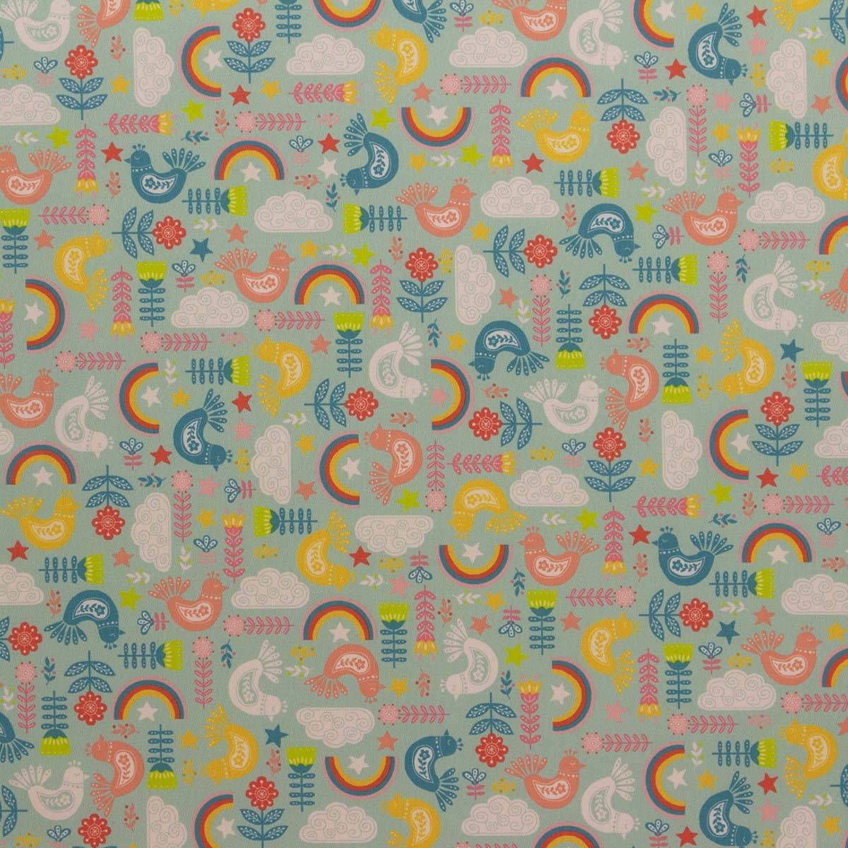 Tejido Softshell 3 capas  Arcoiris, Flores y Aves  Designed by Poppy  Celeste