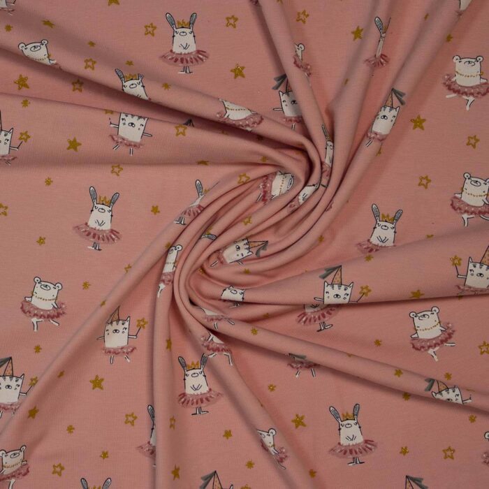 Punto algodón estampado con hermosos conejitos y gatitos bailarines