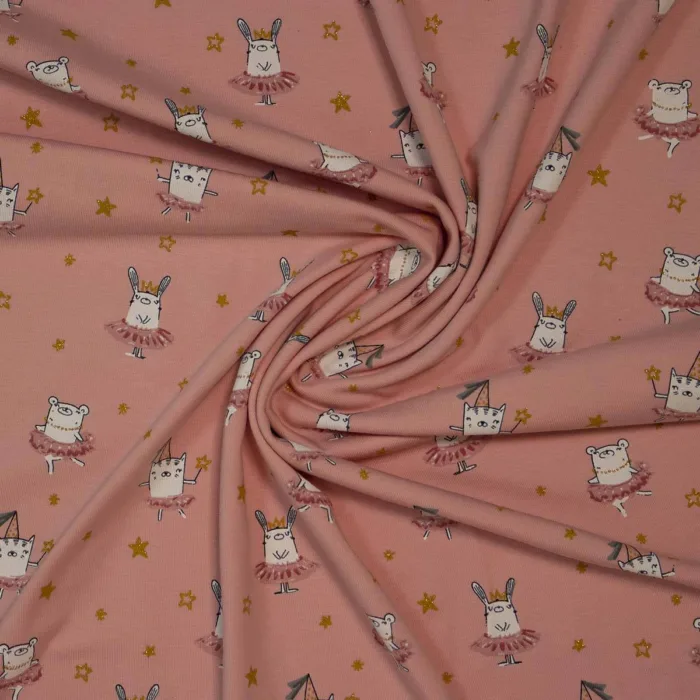Punto algodón estampado con hermosos conejitos y gatitos bailarines